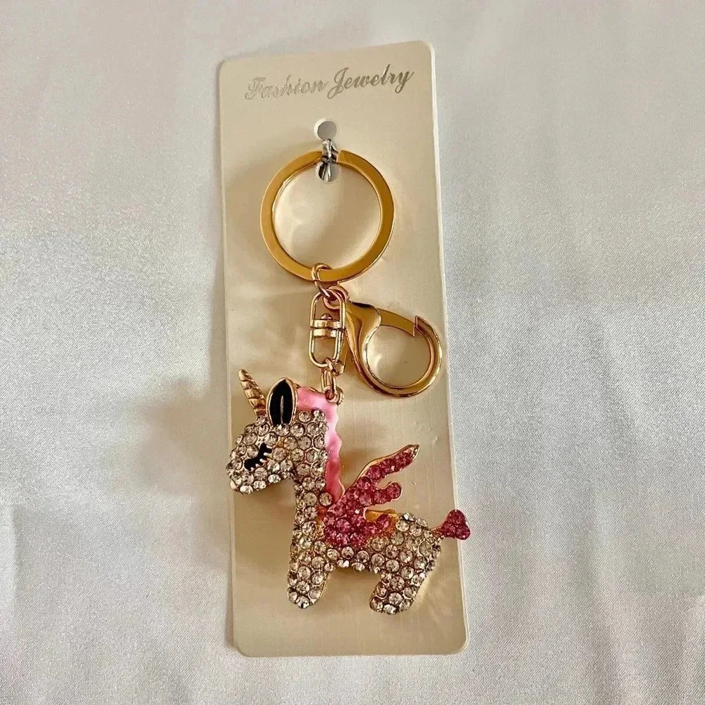 Unicorn Key Chain Or Bag Charm Pink Clear Crystal Rhinestone Gold Tone Hardware